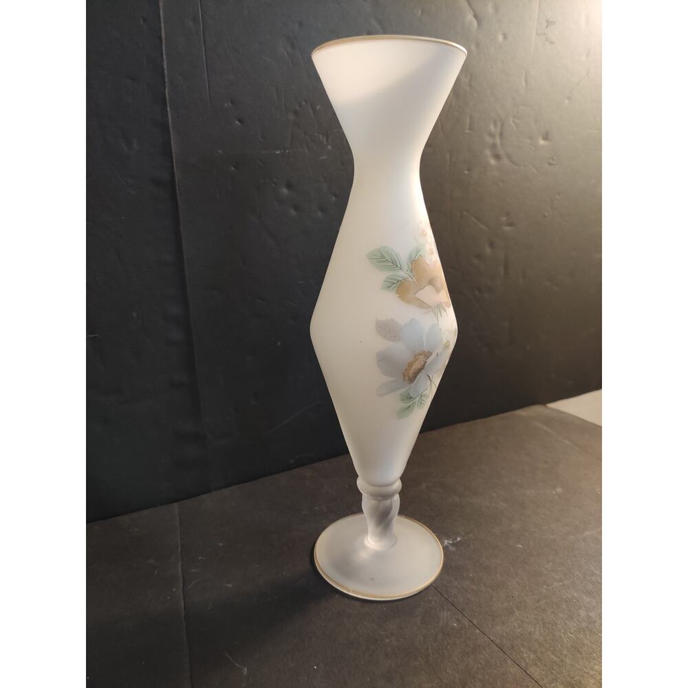 Vintage Frosted Satin Glass Hand Painted Floral Bud Vase Gold Trim - Picture 6 of 13